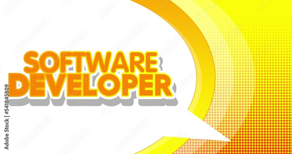 Poster software developer. word in speech bubble. comic book video. pop art text on white messaging banner.