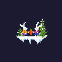 Pixel rabbits on a dark background. Cute rabbits in funny suits. New Year symbol. Rabbits family. Rabbit with carrot