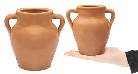 Clay pot in hand, isolated from the background