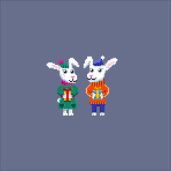 Cute pixel rabbits in funny suits. New Year symbol. Rabbits family. Rabbit with carrot.