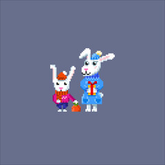 Cute pixel rabbits in funny suits. New Year symbol. Rabbits family. Rabbit with carrot.