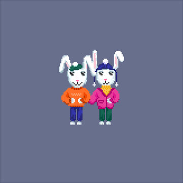 Cute pixel rabbits in funny suits. New Year symbol. Rabbits family. Rabbit with carrot.
