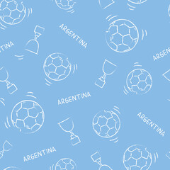 ARGENTINE FOOTBALL PATTERN IN LIGHT BLUE AND WHITE.  REPEATING  OUTLINE BALLS. ENDLESS, SEAMLESS SURFACE PATTERN DESIGN FOR TEXTILE, FABRIC, PAPER OR DIGITAL USES. © Oti