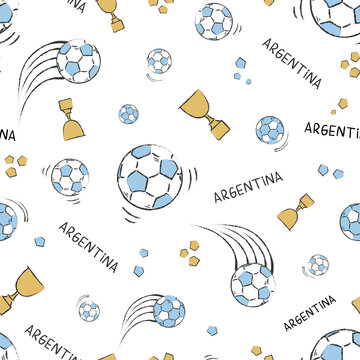 ARGENTINE FOOTBALL PATTERN IN LIGHT BLUE AND WHITE.  REPEATING  OUTLINE BALLS. ENDLESS, SEAMLESS SURFACE PATTERN DESIGN FOR TEXTILE, FABRIC, PAPER OR DIGITAL USES.