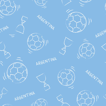 ARGENTINE FOOTBALL PATTERN IN LIGHT BLUE AND WHITE.  REPEATING  OUTLINE BALLS. ENDLESS, SEAMLESS SURFACE PATTERN DESIGN FOR TEXTILE, FABRIC, PAPER OR DIGITAL USES.