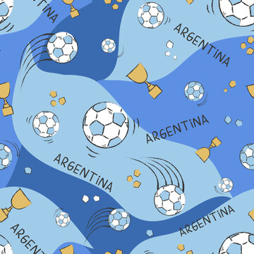 ARGENTINE FOOTBALL PATTERN VECTOR. IN LIGHT BLUE AND WHITE.  REPEATING  BALLS. ENDLESS, SEAMLESS SURFACE PATTERN DESIGN FOR TEXTILE, FABRIC, PAPER OR DIGITAL USES.