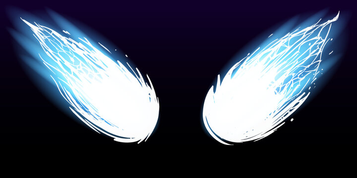 Two blurry white blots with a blue glow on a black background. Vector Eyes of an alien predator. Abstract stock image of fire.