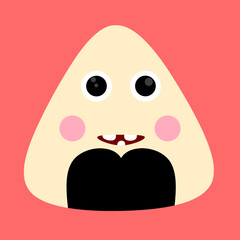 Cute onigiri icon with nori seaweed on pink background. Cartoon rice balls have eyes, mouth and cheeks, great for Japanese food cartoon logos.