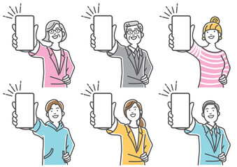 スマートフォンを手に持ち説明する人のセットイラスト