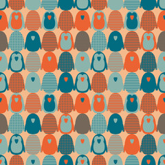 Retro seamless pattern with abstract penguins in mid century modern style. Perfect vintage print for paper, textile and fabric. Hand drawn illustration for decor and design.