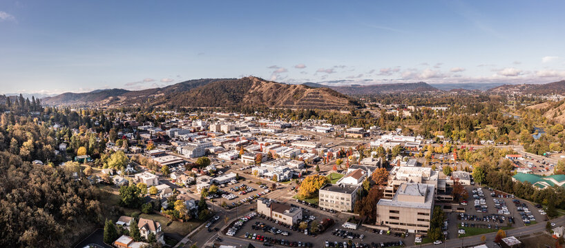 Roseburg Oregon, USA. City in Southern Oregon, aerial panorama