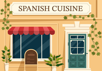 Spanish Food Cuisine Menu Restaurant with Various of Traditional Dish Recipe on Flat Cartoon Hand Drawn Templates Illustration