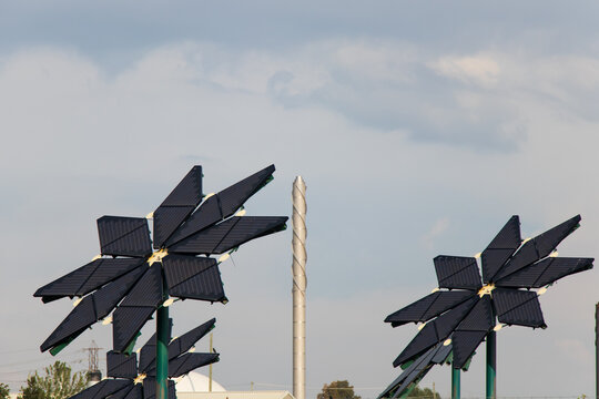 Abstract solar panels in the shape of a flower (SolarFlower), an innovative renewable product, are seen in the early morning. 