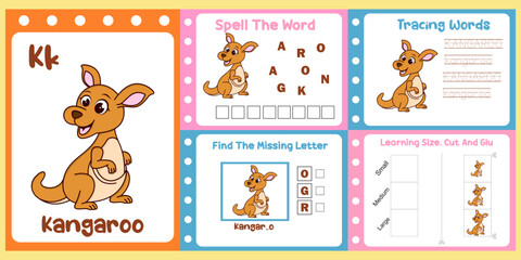 worksheets pack for kids with kangaroo vector. children study book