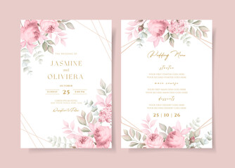 Fototapeta na wymiar Beautiful floral wedding invitation and menu template set with roses and leaves decoration