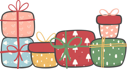 cute stacked colourful Christmas present gift box cartoon doodle hand drawing