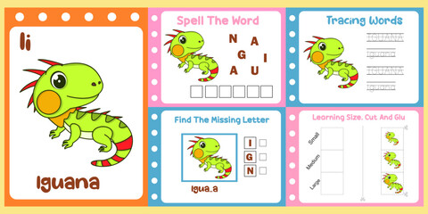 worksheets pack for kids with iguana vector. children's study book