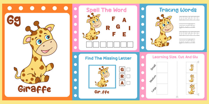 worksheets pack for kids with giraffe vector. children's study book