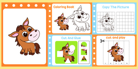 worksheets pack for kids with horse vector. children's study book