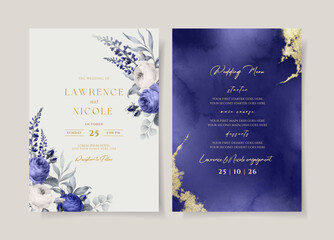Romantic floral wedding invitation and menu template set with roses and leaves decoration