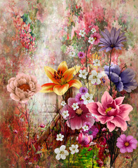 Abstract art colorful flowers  painting. Spring multicolored illustration. - 541853236