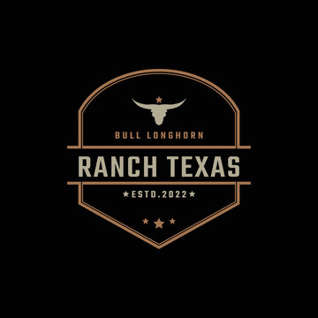 Vintage Retro Badge Emblem Texas Longhorn, Country Western Bull Cattle Logo Design Linear Style