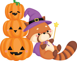 a vector of a cute red panda leaning on a pumpkin tower