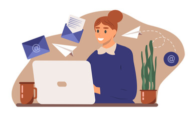 vector illustration in a flat style - a young woman at a laptop parses email