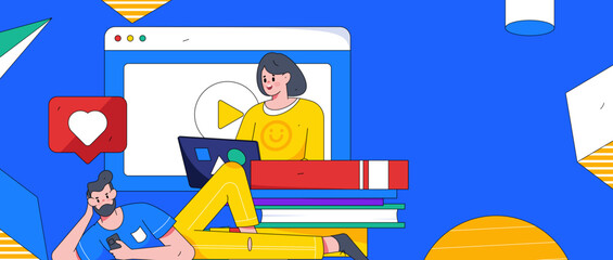 Reading learning remote online education through online classes flat vector concept operation illustration
