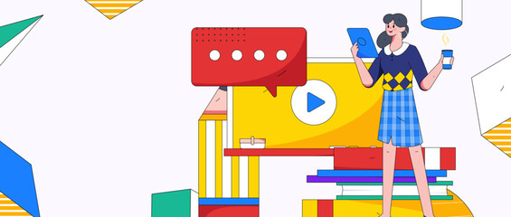 Naklejka premium Reading learning remote online education through online classes flat vector concept operation illustration 