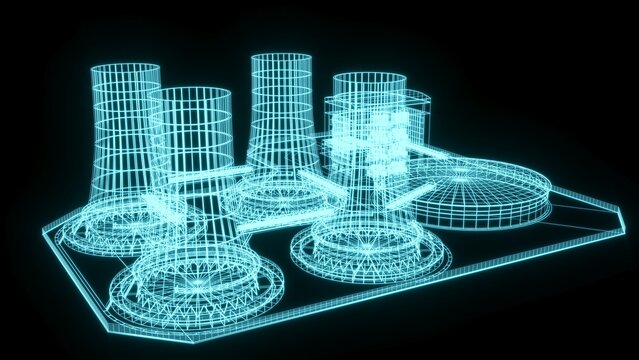 3d render illustration Nuclear power station cooling tower  hologram ecology pollution save planet environment . Radioactive nuclear reactor electricity 