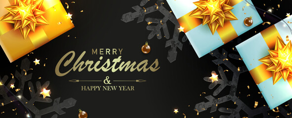 Fototapeta na wymiar Festive Christmas design with gift boxes on black background