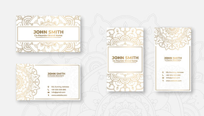 Luxury white business card with golden mandala decoration designs, Bright floral ornamental elements