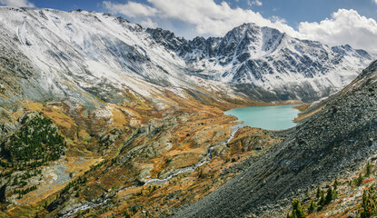 Fototapeta na wymiar Mountain valley with a lake, snow-capped peaks, autumn view