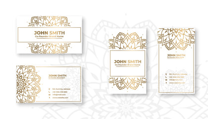 Luxury white business card with golden mandala decoration designs, Bright floral ornamental elements