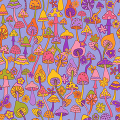 Fototapeta na wymiar Abstract psychedelic surface pattern design. Colorful retro seamless pattern with hand drawn groovy elements, flowers and mushrooms. Vintage 60s hippie vector background
