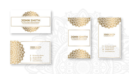 Luxury white business card with golden mandala decoration designs, Bright floral ornamental elements