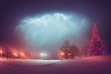 Winter frozen landscape with snow and ice, thunder in the sky, illuminated path at night