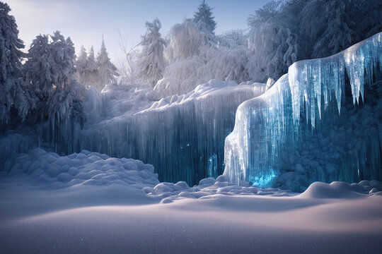 Winter frozen waterfall landscape with snow and ice, white and blue, ice stalactites, icicles, fantasy landscape, Christmas card frozen forest with amazing lightning