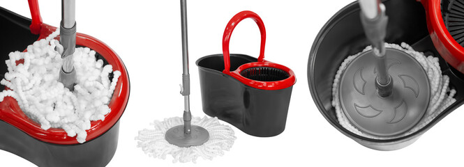 Bucket with a rotating mop for washing floors. Isolated from the background