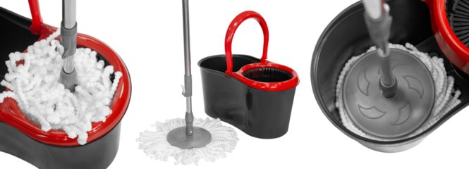 Bucket with a rotating mop for washing floors. Isolated from the background