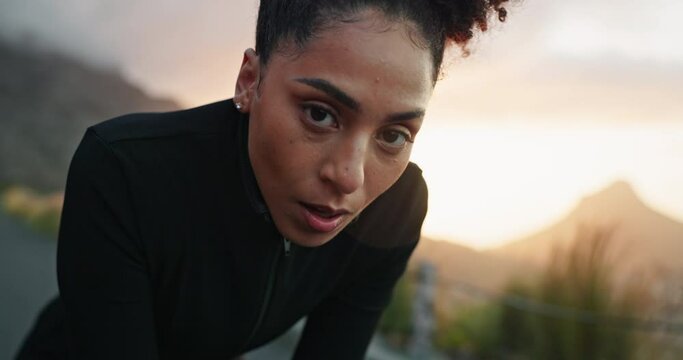 Fitness, breathing and tired with a sports woman or running feeling exhausted after exercise outdoor. Workout, training and health with a female athlete resting after a run for cardio or endurance