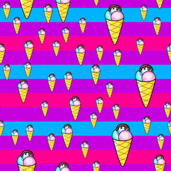 Ice cream seamless pattern on white background. Paper print design. Abstract retro vector illustration. Trendy textile, fabric, wrapping. Modern space decoration.