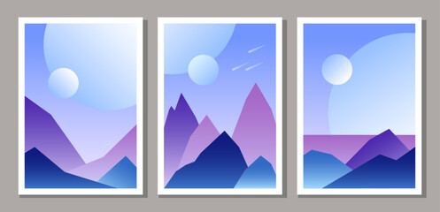 Set of alien planet surrealist landscape posters