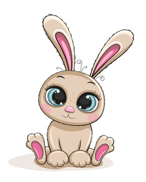 Cute beige bunny with long ears and big blue eyes