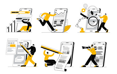 The development team is engaged in the creation and advertising of a mobile application in the networks. A set of vector illustrations on development, testing and promotion of applications.