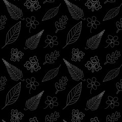 Leaves and flower seamless pattern on black background. Abstract geometric floral leaf line seamless black and white patterns. Design for textile, wallpaper, clothing, backdrop, tile, wrapping, fabric