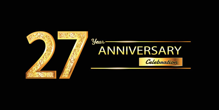 27 Year Anniversary celebration Vector Design. 27th Anniversary celebration. Gold Luxury Banner of 27th Anniversary celebration with glitter 3D. Vector anniversary