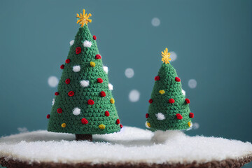 Obraz premium Cutest Christmas trees in forest with snow. Crochet style with wool