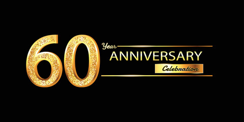 60 Year Anniversary celebration Vector Design. 60th Anniversary celebration. Gold Luxury Banner of 60th Anniversary celebration with glitter 3D. Vector anniversary